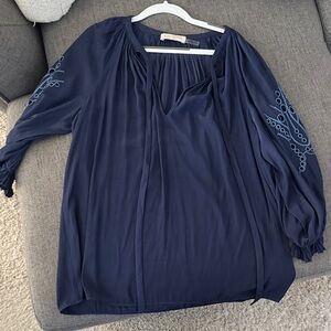 Ramy Brook Deep Blue Blouse with Embroidered Sleeves